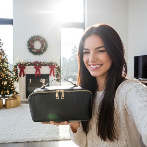 Makeup Bag Large Capacity Travel Cosmetic Bag by Boutique De Luxe, Portable PU Leather Waterproof Makeup Organizer Bags for Women with Handle and Divider Open Flat, Black by Boutique De Luxe - Image 2