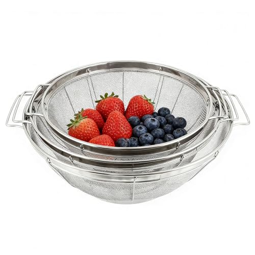 Stainless Steel Drain Basket Set - Three-Piece Kitchen Strainers With Handles And Base | Mesh Colander Baskets For Washing Vegetables, Fruits, Pasta, Rice