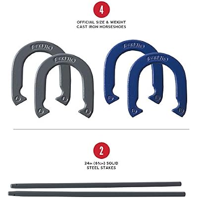 Franklin Sports Horseshoes Sets - Metal Horseshoe Game Sets for Adults + Kids - Official Weight Steel Horseshoes - Beach + Lawn Horseshoes Sets - Sets Include (4) Horseshoes and (2) Ground Stakes