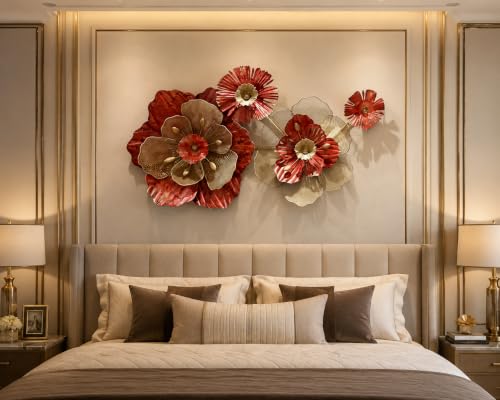 Image of ZOVE Radiant Rooms Metal Flower Wall Art for Living Room | Modern 3D Floral Wall Decor | Premium Iron Wall Hanging for Bedroom, Dining Room, Hallway & Office | 40 x 21Inch | Red & Gold