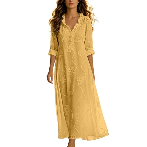 Robe d'été décontractée avec manches longues fluides et col V chic style bohème