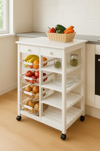 Miniatura 3 de Mueble Gestion Carro De Cocina Con Ruedas, Verdulero Frutero Doble, 4 Cestas 4 Baldas Y 2 Cajones Color Blanco