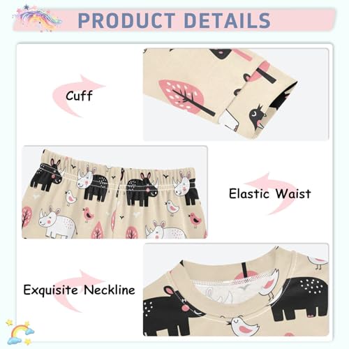 Pajama Sets Long Sleeve Cute Rhinos Birds Trees Pattern Soft Comfy Sleepwear 2 Piece PJS 3-8T4