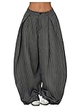 GORGLITTER Women's Baggy Dress Pant Low Rise Pleated Barrel Cargo Oversized Wide Leg Business Casual Trousers Dark Grey Striped Large