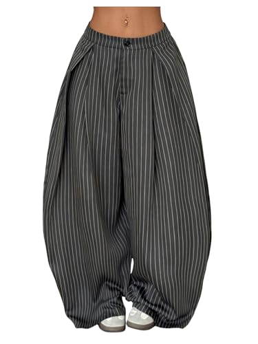 GORGLITTER Womens Baggy Barrel Pant Low Rise Pleated Cargo Oversized Wide Leg Business Dress Casual Trousers Dark Grey Striped Large