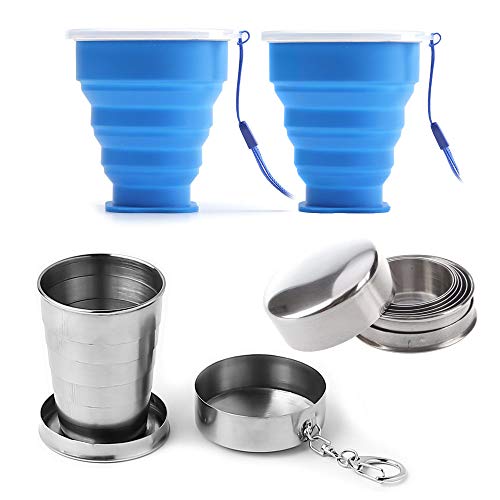 Nsiwem Vaso Plegable 4 Piezas Taza de Viaje Plegable Tazas de Beber Plegables Copas de Plegables con Tapa de Silicona y Acero Inoxidable Reutilizable para Camping Senderismo y Viaje