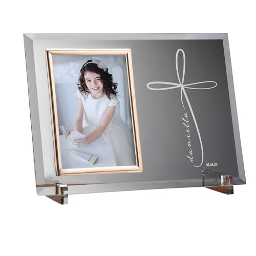 Personalization Universe Holy Name Custom Engraved Glass Frame - Personalized First Communion 4x6 Photo Holder with Beveled Edges and Brass Trim, Easel Legs, Tabeltop Display