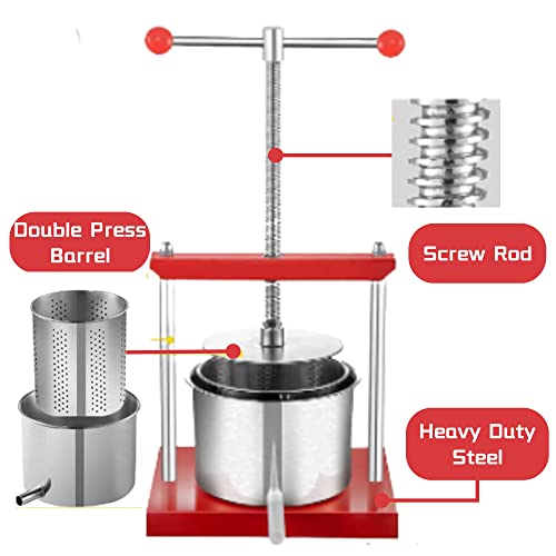 LOYALHEARTDY Fruit And Wine Press, 6L/1.6gal Grape Honey Press Machine with Stainless Steel Hollow Basket Cider Wine Bladder Manual Press for Juice, Vegetable, Wine, Olive Oil