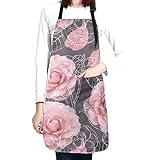 UU Floral Rose Apron For Women With Pockets Grey Pink Rose Flower Kitchen Apron Waterproof Baking...