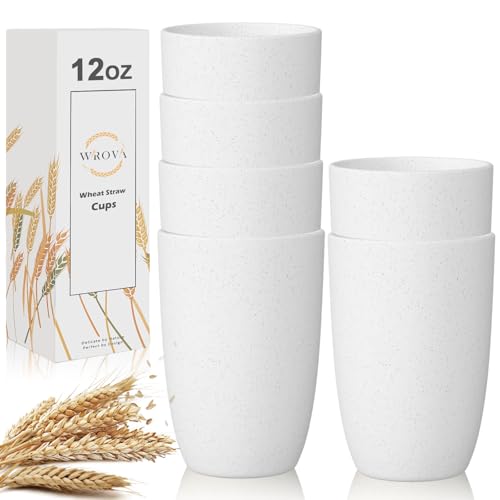 Wrova Wheat Straw Cups Set of 6 Good Alternative to Plastic Cups Reusable 12 oz Unbreakable Drinking Cup Reusable Dishwasher Safe Water Plastic Kitchen Glasses - White