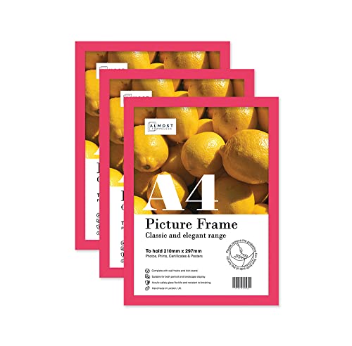 Almost Frameless A4 Bright Pink Picture Frame Set of 3, Display A4 Picture Gallery Wall, Poster, Photo, Artwork, or Print, Bright Pink