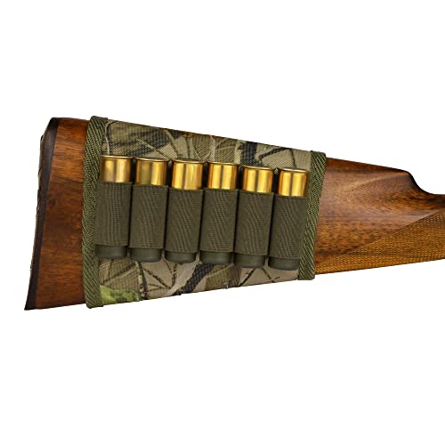 Bronzedog Buttstock Rifle Cartridge Ammo Holder 12 16 Gauge Nylon Camo Shell Holder Hunting Pouch Shotgun Stock Right Handed (Green Oak Camo) #TOP2