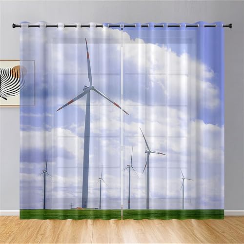 Hiseng Cortinas Translucidas Decorativas con Ojales 2 Piezas, Patrón de Molino de Viento Grande Cortinas Visillos Translúcidos de Dormitorio Moderno, para Salon Cocina Ventana Comedor (A,107x244cm)