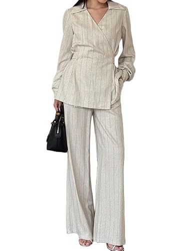 THLAI Womens 2 Piece Outfits Striped Wrap Blazer Top High