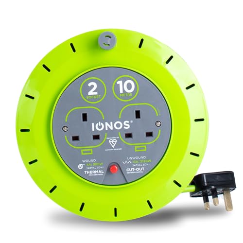 IONOS 2 Socket Cable Reel, 10m, Green Extension Lead, 13A with Thermal Cut Out, Heavy Duty Outdoor Extension Lead (ION13A10MCR6)