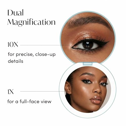 Image of Fancii Taylor Rechargeable Compact Makeup Mirror with LED Lights, 10x /1x Magnifying, 3 Light Settings, Large 5 inch Wide | Travel Mirror for Purses (Soft Sky)