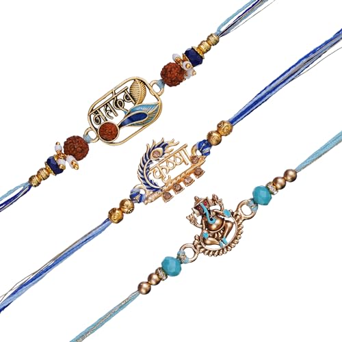 Image of eCraftIndia Set of 3 Mahadev, Krishna, Ganesha Religious Designer Rakhis, Best Bro Ever Fridge Magnet with Roli Chawal Pack - Rakhis for Brother, Bhabhi, Kids
