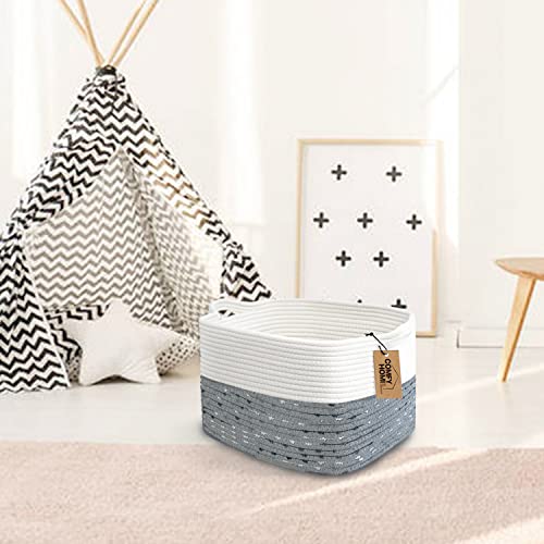 COMFY HOMI Woven Cotton Rope Basket with Handle Soft Medium Basket Baby Storage, Decorative Basket for Bathroom, Toy, Book, Towel, Cube Bin, Blanket 13.5'' x 11'' x 9.5'' White/Pompom Grey - Thumbnail 4