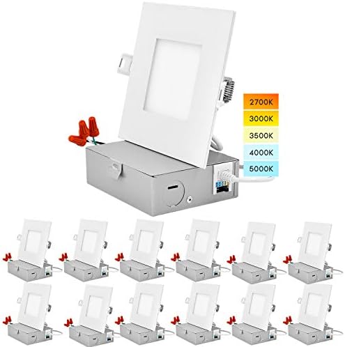 LUXRITE 4 Inch Ultra Thin Square LED Recessed Lighting, 5 Color Temperature Options 2700K - 5000K, Dimmable LED Downlight, 10W, IC Rated, Wet Rated, Canless LED Recessed Light, ETL Listed (12 Pack)