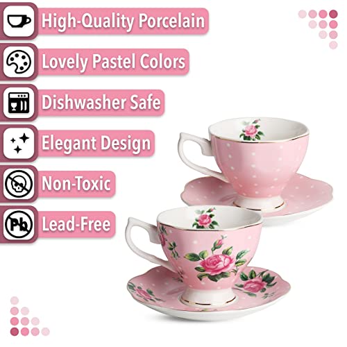 Btat- Floral Tea Cups And Saucers, Set Of 2 (Pink - 8 Oz) With Gold Trim And Gift Box, Coffee Cups, Floral Tea Cup Set, British Tea Cups, Porcelain Tea Set, Tea Sets For Women, Latte Cups #TOP3