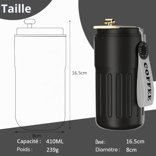 Homealexa Gobelet Café Affichage Numérique - Bouteille Isotherme 410 ml en Acier inoxydable 316 avec Couvercle Isolation sous Vide anti-Fuite (Noir) – vue 7