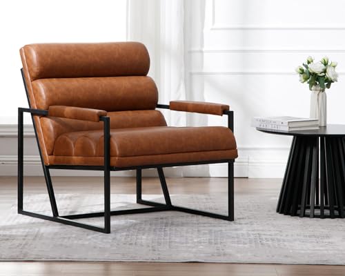 HNY Modern Comfy Accent Chair, Brown PU Leather Channel Tufting Upholstered Office Arm Chairs, Living Room Decorative Chair with Metal Frame, Cozy Chair for Bedroom Sitting Reception Side Lounge Chair