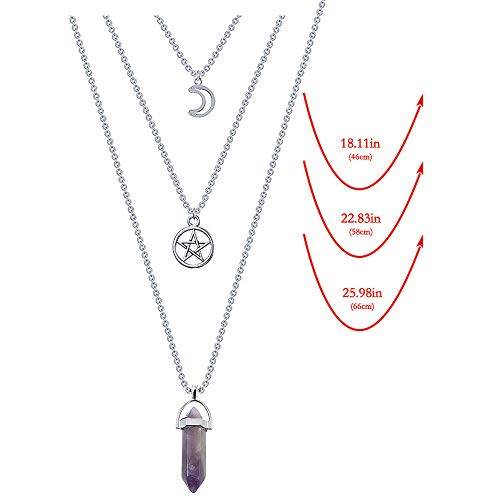 Mjartoria Moon Pentagram Necklace Pentacle Crystal Chakra Charm Pendant Multi Layered Necklaces For Women Set Gothic Jewelry(Amethyst-3Pcs) #TOP5