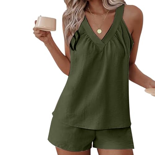 Co Ord Sets for Women Summer Two Piece Outfit Homewear Loungewear V Neck Sleeveless Tunic Tops with Shorts Y2K Tracksuits 2 Piece Lounge Set Pyjamas Sets for Holiday Beach Streetwear - Image 4