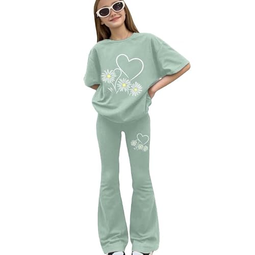 Image of Girls Tracksuit Heart Bow Print Short Sleeve Tops T-Shirt And Flared Trousers Teenager Y2K 2 Piece Outfits Kids Track Suits Activewear Sets For Girls (A-Green, 11-12 Years)