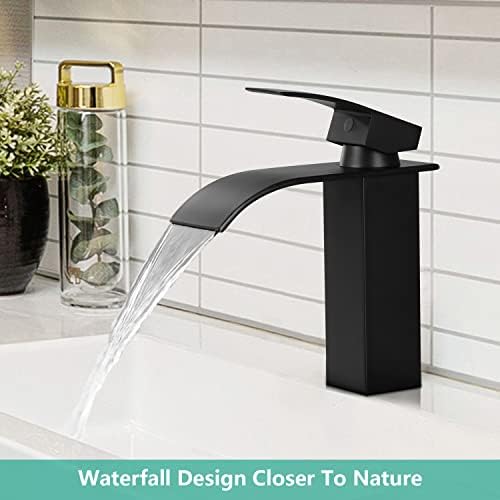 DJS Bathroom Taps,Black Bathroom Taps with Waterfall Design,Bathroom Sink Taps Made of Stainless Steel,Commercial Basin Mixer Tap for Bathroom Sink with One Lever,Classic Black Basin Tap