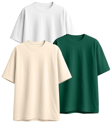 Image of Veirdo 100% Pure Cotton Drop Shoulder Oversized Baggy Fit Half Sleeve Plain Solid Round Neck Multicolor T-Shirt Combo for Men (Pack of 3) (Sizes S-2XL)