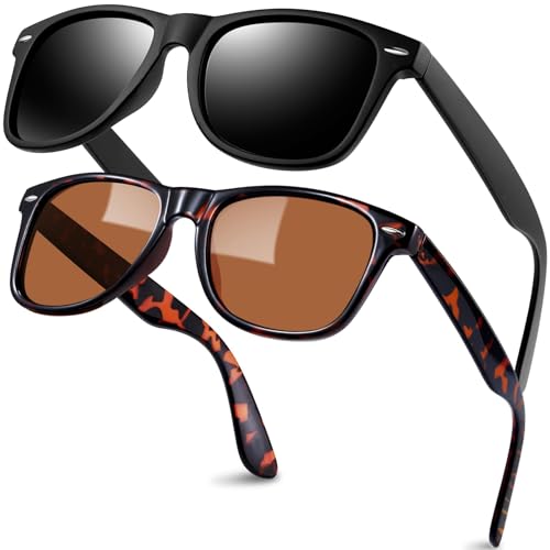 KANASTAL 2 Pack Brown Sunglasses Mens Polarised Womens Retro Classic UV400 Protection Tortoiseshell Ladies - Leopard Frame Brown Lens + Matte Black