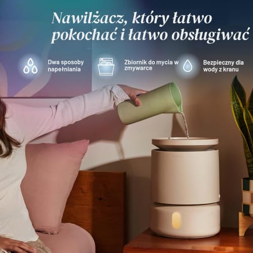 Blueair Nawilżacz powietrza do pomieszczeń DreamWell 48 h Top-Fill bez mgły, technologia InvisibleMist – kamień aromatyczny do olejków eterycznych i nastrojowego światła – ciche nawilżanie do sypialni