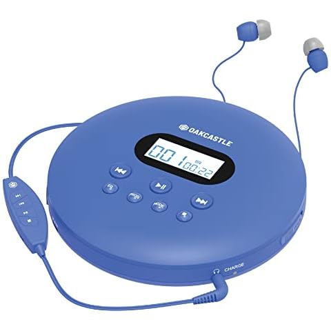 Oakcastle CD100 Rechargeable Bluetooth CD Player | 12hr Portable Playtime | In Car Compatible Personal CD Player | Headphones Included, AUX Output, Anti-Skip Protection, Custom EQ, CD Walkman Cover