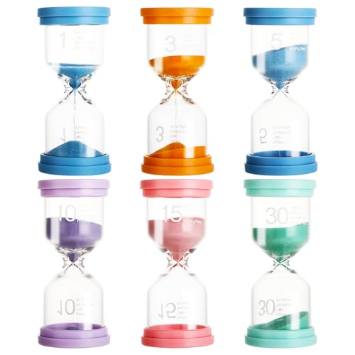 6 Relojes de Arena para Niños 1/3/5/10/15/30 Minutos, Temporizadores Coloridos para Cocina, Escuela, Cepillado de Dientes, Oficina, Actividades Educativas y Decoración