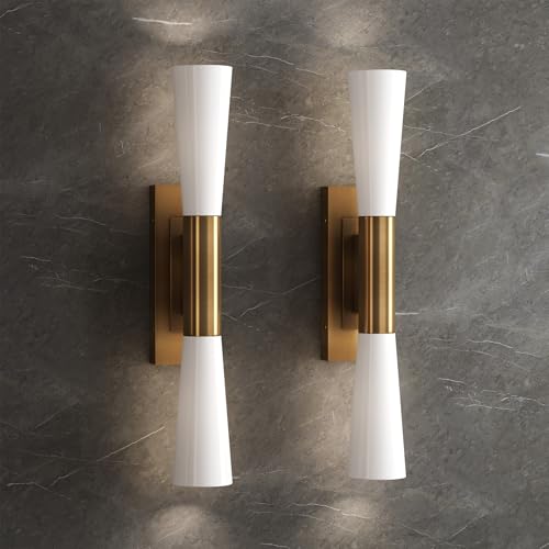 Tribesigns 21.7 Gold Wall Sconces, 2-Light Modern Wall Light Fixture with Frosted Glass Shade for Living Room, Bedroom, Bathroom, Hallway, Stairs (2 Pack)