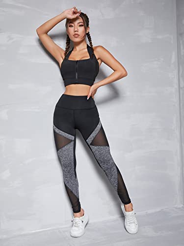 Makemechic Women's Workout Running Leggings Color Block Contrast Mesh High Waisted Athletic Leggings Black S #TOP4