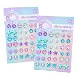 Higijapuf 2 Blatt Glitzersteine Selbstklebend Ohrclips, 36 Paar Kinder Klebeohrringe Mädchen Basteln, Muschel Perle Schmetterling Stern Mond Ohrringe, Sicher Einfach Aufkleben, Vielseitig