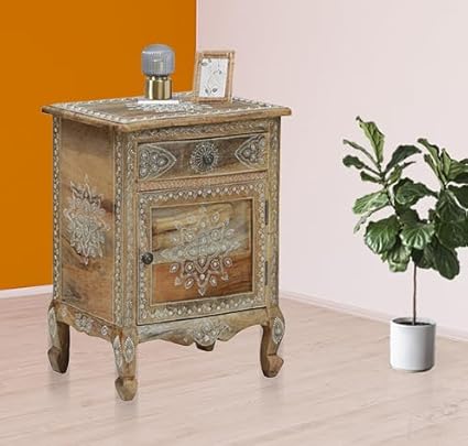 APRODZ Wooden Handpainted Side Table with Door & Drawer Storage Portable Bedside End Table (Multicolor)
