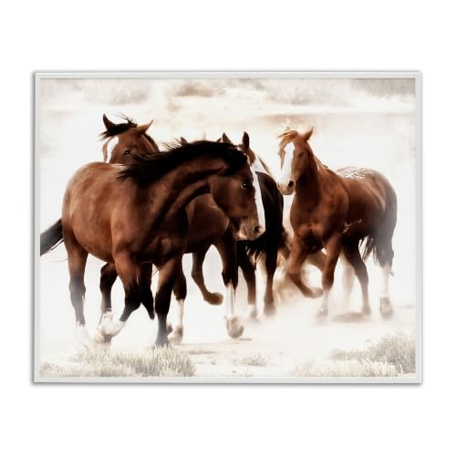 Trotting Brown Horses Farmhouse, 16 x 20 Inch Framed Giclée Print