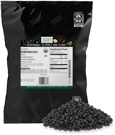 Frontier Co-op Dried Elderberries Organic, 2lb Bulk Bag, Whole Berries - Kosher and Non-GMO Dried Fruit for Elderberry Syrup, Tea and Powder