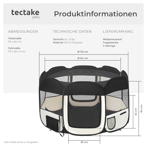 tectake® Welpenlaufstall, Tierlaufstall, Wurfkiste für Hund, Katze, Kaninchen, Auslauf, Gehege für Wohnung oder Camping - Hundezaun, Hundegitter, Auslaufgehege, Kleintiergehege - schwarz