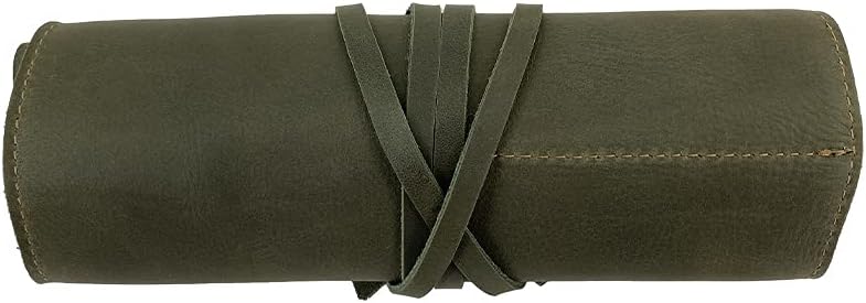 Hide & Drink, Rustic Leather Pencil Roll Pouch, Multi-Purpose Storage Wrap for Scissors, Earphones, Organizer for Craft, Work, Handmade (Dark Jade)