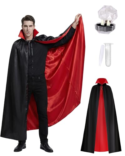 SOOFILM Vampire Costume for Men and Women Red Black Cape with Fangs and Tattoo Stickers Dracula Halloween Cosplay