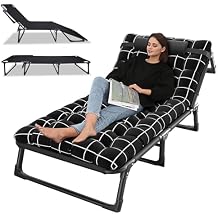 Adjustable 4-Position Camping Cot, Adults Reclining Folding Chaise with Pillow, Outdoor Lounge Chair Sleeping Cot Bed, Perfect for Office, Pool, Beach, Patio 75cm