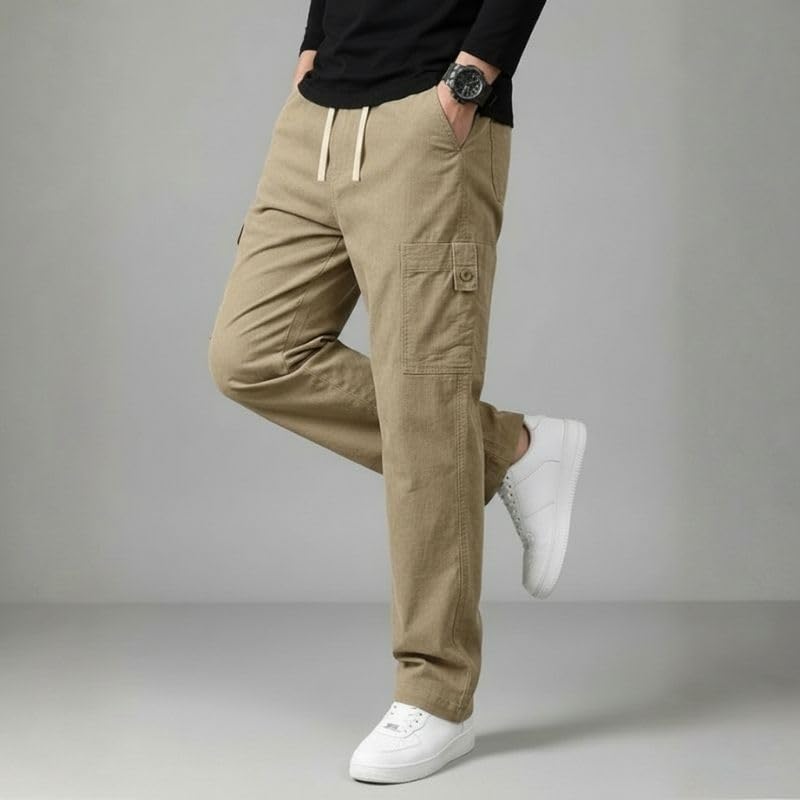 Image of Cargo for Men | Cotton Cargo Pant | Lower for man | Elastic Drawstring Waist Straight Fit Bottoms | Comfortable Breathable Summer Cargos for Casual, Office Wear