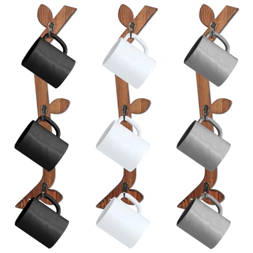 MSHUNKEJI 3 Pack Wood Coffee Mug Wall Rack with 9 Hooks Wall Mount Coffee Cup Holder Wooden Espresso Cup Holder Tree Brown Mug Stand Display Wall Mounted Cup Drying Rack for Kitchen Cafe