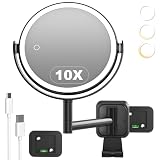 SURFOU Espejo de Maquillaje de Pared Sin Taladro, Doble Cara 1X/10X Aumento, 3 Colores LED & Brillo Ajustable, 360° Giratorio y Brazo Extensible, Recargable USB-C para Baño