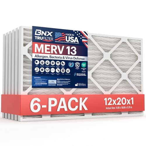 Image of BNX TruFilter 12x20x1 Air Filter MERV 13 (6-Pack) - MADE IN USA - Electrostatic Pleated Air Conditioner HVAC AC Furnace Filters for Allergies, Pollen, Mold, Bacteria, Smoke, Allergen, MPR 1900 FPR 10