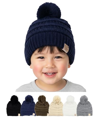 Funky Junque Toddler Pom Beanie – Warm Kids Winter Hat for Ages 1–4, Cozy Knit Snow Beanies for Baby Boys & Girls - Navy Blue